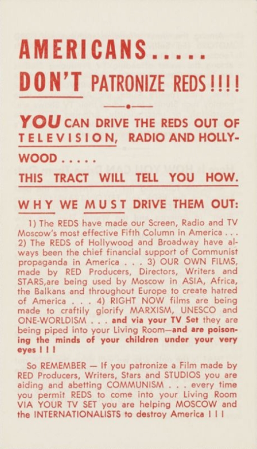 Book Cover of AMERICANS….. DON’T PATRONIZE REDS!!!! YOU CAN DRIVE THEM OUT OF TELEVISION, RADIO AND HOLLYWOOD…..