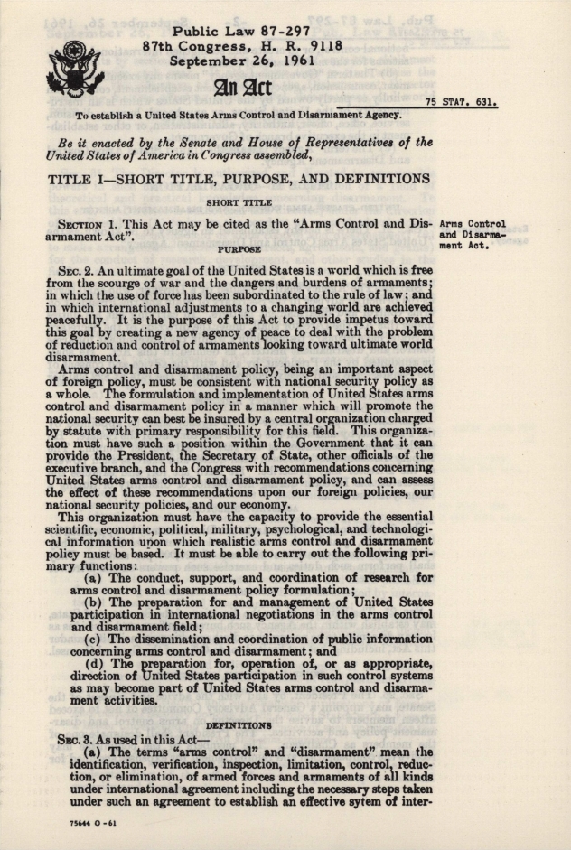 Book Cover of AN ACT TO ESTABLISH A UNITED STATES ARMS CONTROL AND DISARMAMENT AGENCY