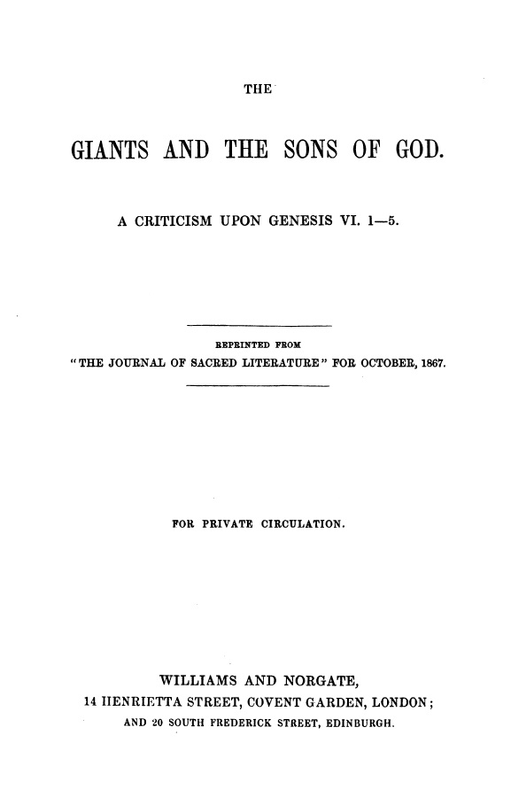 Book Cover of GIANTS AND THE SONS OF GOD: A CRITICISM UPON GENESIS VI. 1-5