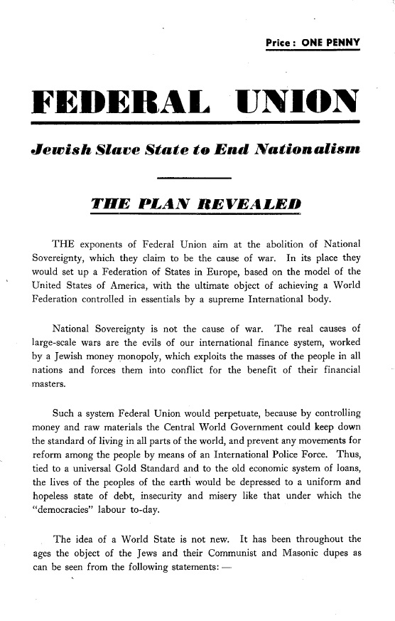 Book Cover of FEDERAL UNION : JEWISH SLAVE STATE TO END NATIONALISM : THE PLAN REVEALED