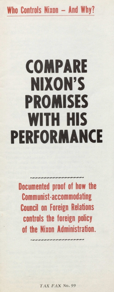 Book Cover of COMPARE NIXON’S PROMISES WITH HIS PERFORMANCE: DOCUMENTED PROOF OF HOW THE COMMUNIST-ACCOMMODATING COUNCIL ON FOREIGN RELATIONS CONTROLS THE FOREIGN POLICY OF THE NIXON ADMINISTRATION