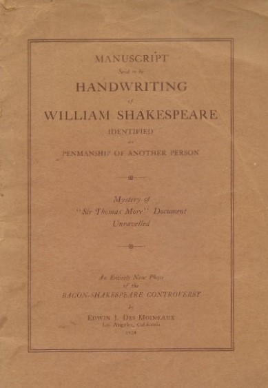 Book Cover of MANUSCRIPT SAID TO BE HANDWRITING OF WILLIAM SHAKESPEARE IDENTIFIED AS PENMANSHIP OF ANOTHER PERSON; MYSTERY OF “SIR THOMAS MORE” DOCUMENT… PHASE OF THE BACON-SHAKESPEARE CONTROVERSY