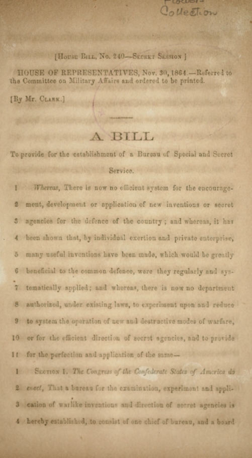 Book Cover of A BILL TO PROVIDE FOR THE ESTABLISHMENT OF A BUREAU FOR SPECIAL AND SECRET SERVICE