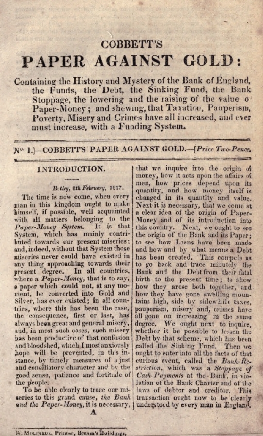 Book Cover of PAPER AGAINST GOLD: CONTAINING THE HISTORY AND MYSTERY OF THE BANK OF ENGLAND… THE LOWERING AND THE RAISING OF THE VALUE OF PAPER-MONEY; AND SHEWING, THAT TAXATION, PAUPERISM, POVERTY, MISERY AND CRIMES HAVE ALL INCREASED, AND EVER MUST INCREASE, WITH A FUNDING SYSTEM