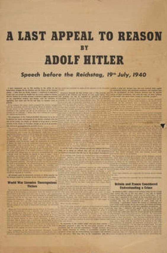Book Cover of A LAST APPEAL TO REASON; SPEECH BEFORE THE REICHSTAG, 19TH JULY, 1940