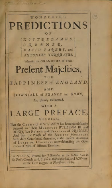 Book Cover of WONDERFUL PREDICTIONS OF NOSTREDAMUS, GREBNER, DAVID PAREUS, AND ANTONIUS TORQUATUS