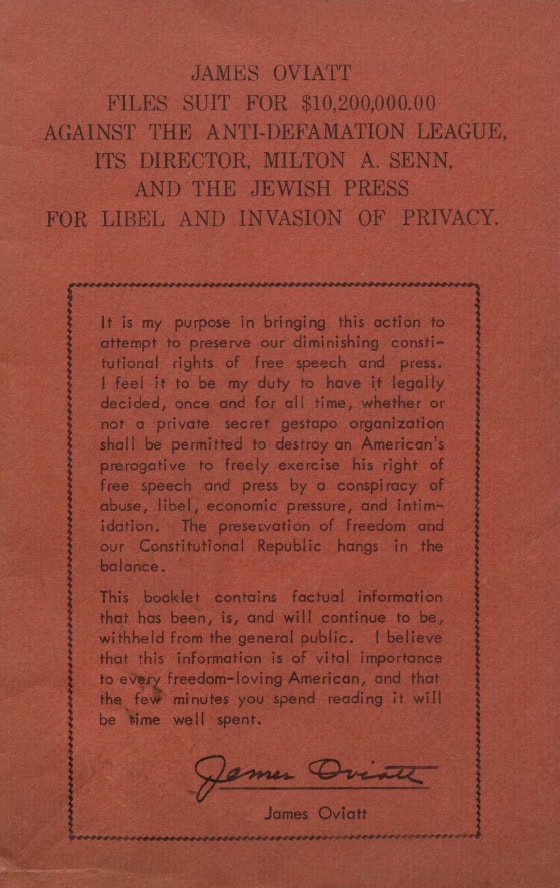 Book Cover of JAMES OVIATT FILES SUIT FOR $10,200,000. 00 AGAINST THE ANTI-DEFAMATION LEAGUE, ITS DIRECTOR, MILTON A. SENN, AND THE JEWISH PRESS FOR LIBEL AND INVASION OF PRIVACY