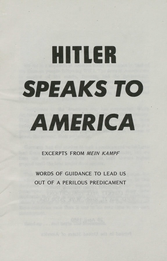 Book Cover of HITLER SPEAKS TO AMERICA: EXCERPTS FROM MEIN KAMPF: WORDS OF GUIDANCE TO LEAD US OUT OF A PERILOUS PREDICAMENT
