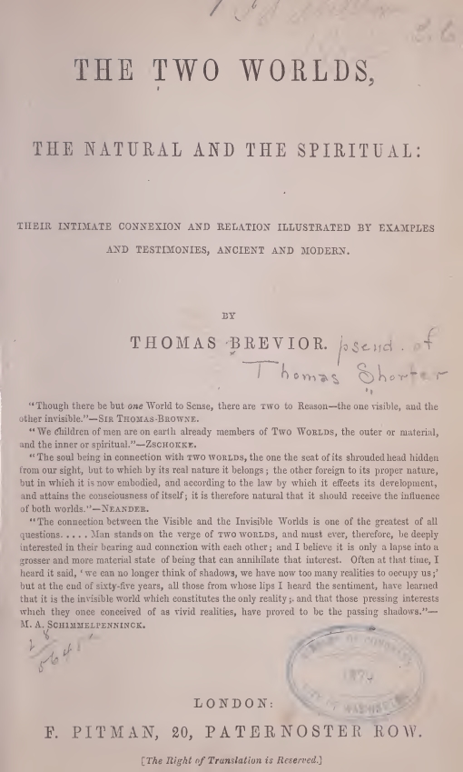 Book Cover of THE TWO WORLDS: THE NATURAL AND THE SPIRITUAL: THEIR INTIMATE CONNEXION AND RELATION