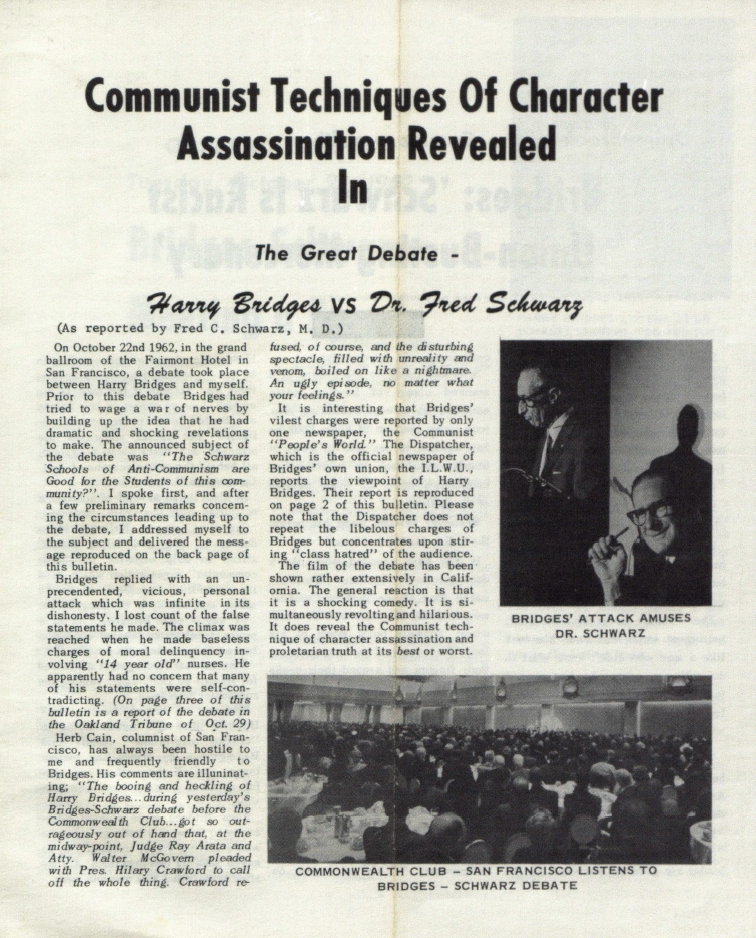 Book Cover of COMMUNIST TECHNIQUES OF CHARACTER ASSASSINATION REVEALED IN THE GREAT DEBATE: HARRY BRIDGES VS DR. FRED SCHWARZ