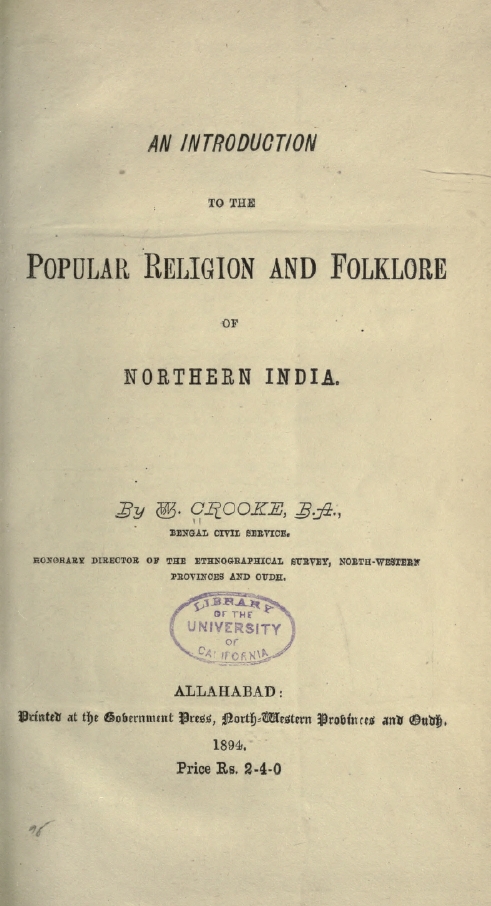 Book Cover of AN INTRODUCTION TO THE POPULAR RELIGION AND FOLKLORE OF NORTHERN INDIA