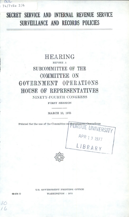 Book Cover of SECRET SERVICE AND INTERNAL REVENUE SERVICE SURVEILLANCE AND RECORDS POLICIES