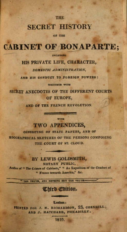 Book Cover of THE SECRET HISTORY OF THE CABINET OF BONAPARTE