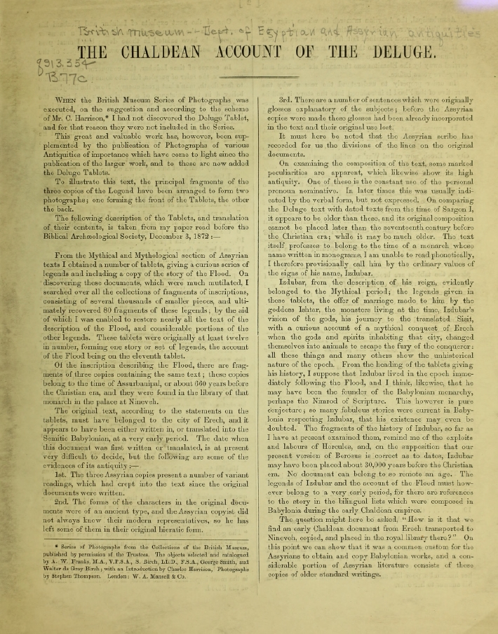 Book Cover of THE CHALDEAN ACCOUNT OF THE DELUGE