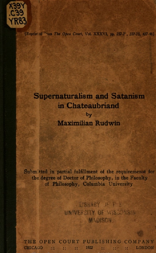 Book Cover of SUPERNATURALISM AND SATANISM IN CHATEAUBRIAND