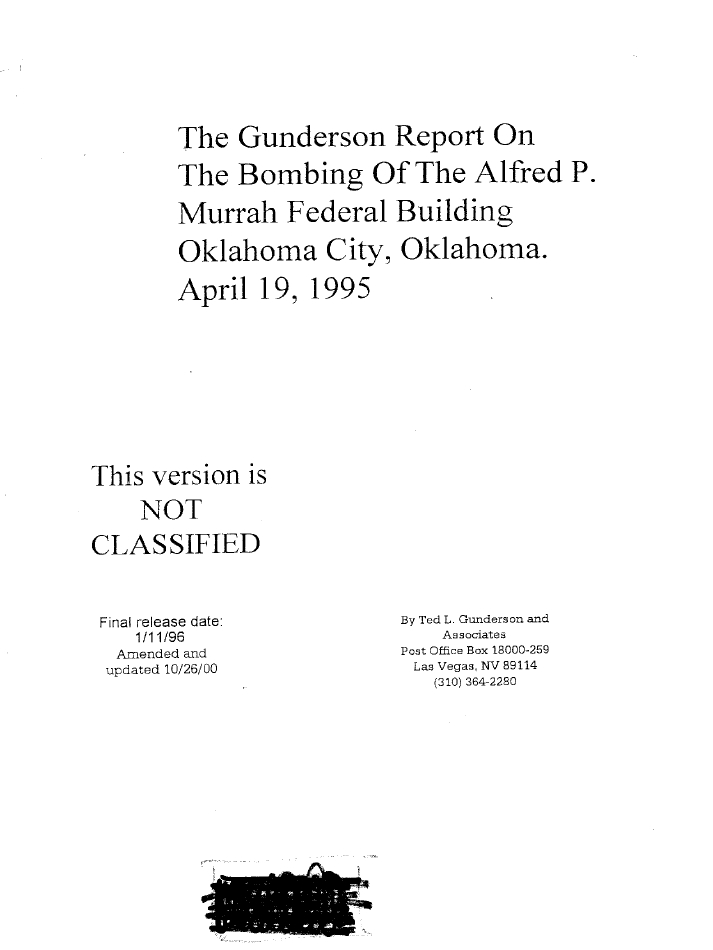 Book Cover of THE GUNDERSON REPORT ON THE OKLAHOMA CITY BOMBING