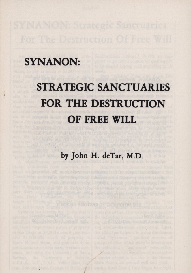 Book Cover of SYNANON: STRATEGIC SANCTUARIES FOR THE DESTRUCTION OF FREE WILL