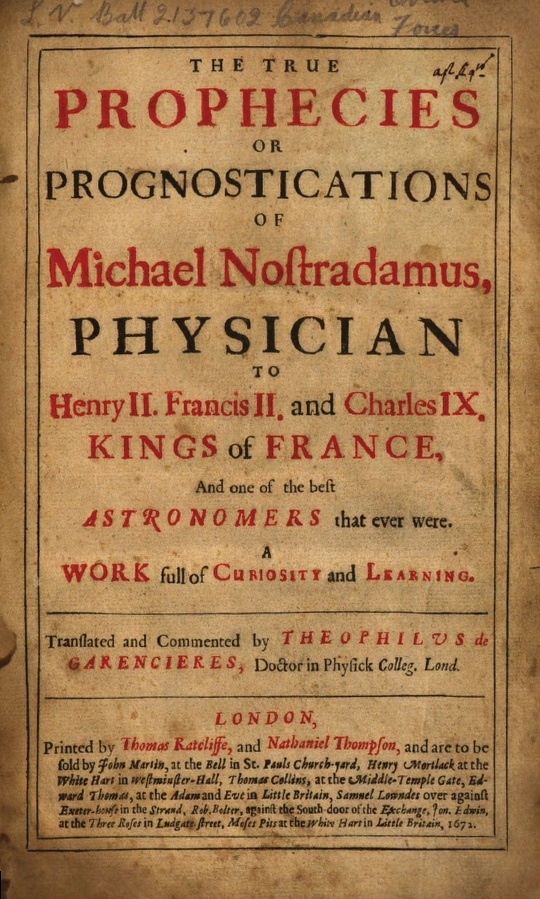 Book Cover of THE TRUE PROPHECIES OR PROGNOSTICATIONS OF MICHAEL NOSTRADAMUS